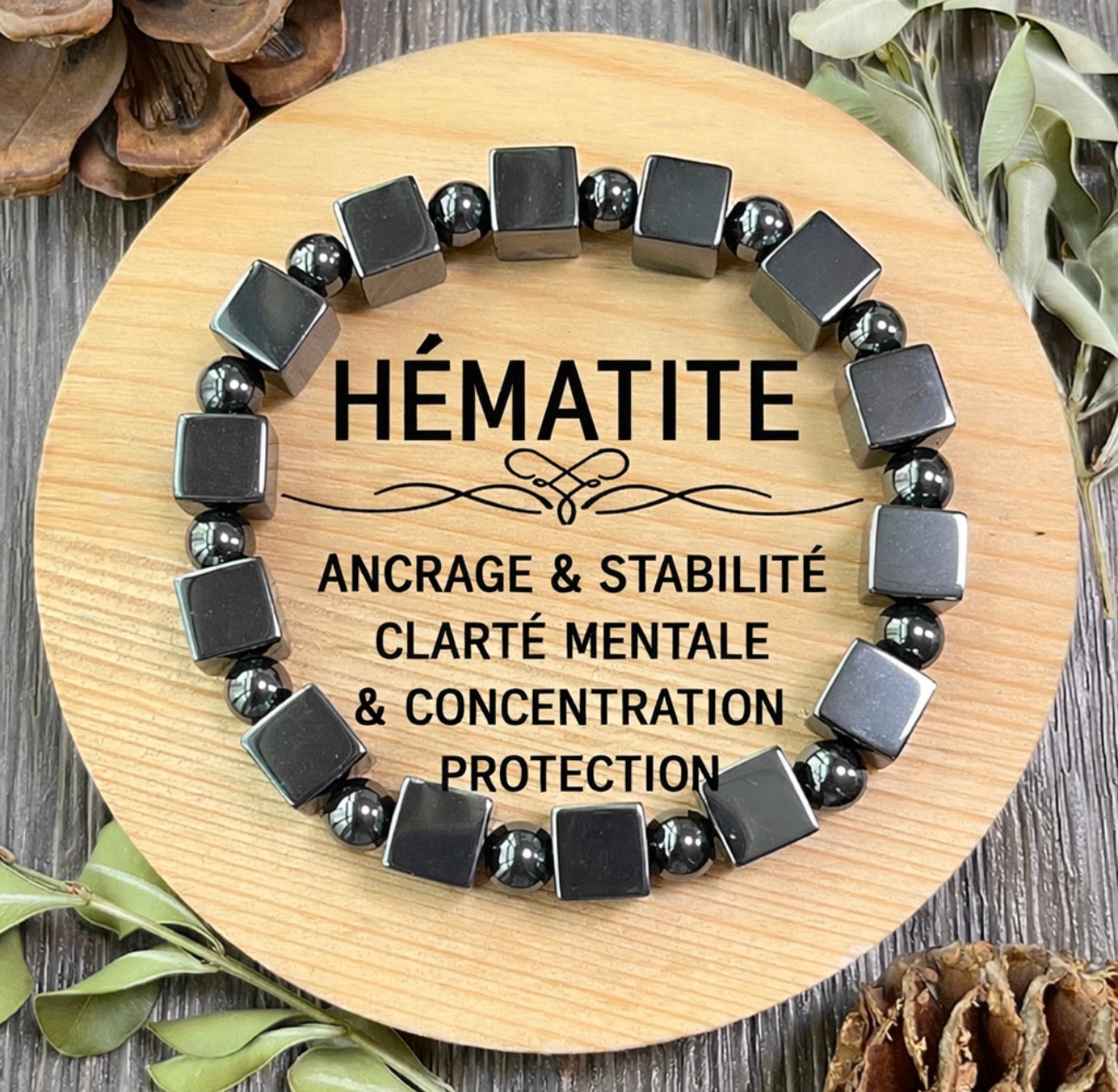 Bracelet Pierre Naturelle Noire Carrée Homme - Perlé Artisanal Lithothérapie